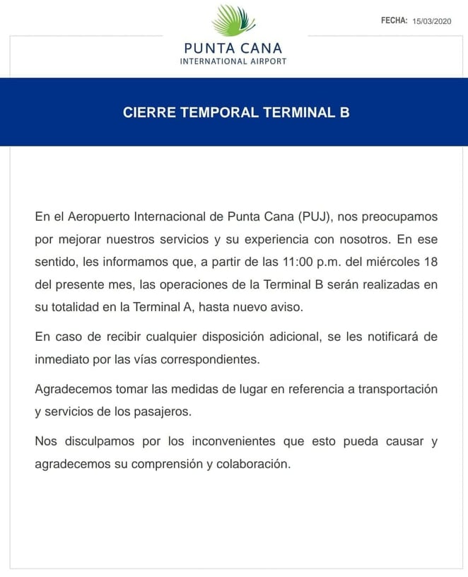 Aeropuerto Punta Cana cierra terminal B hasta nuevo aviso